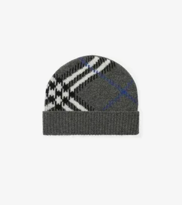 Check Cashmere Blend Beanie in Marlborough grey