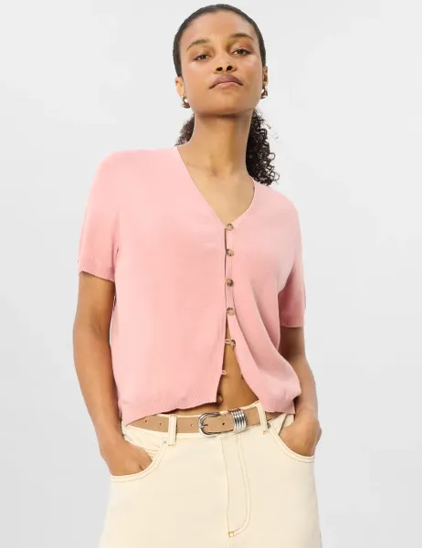 Whistles Cotton Rich Button Front V-Neck Cardigan Pink