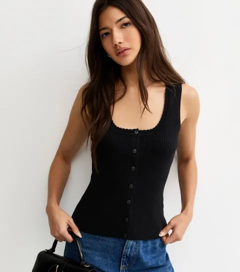 Women's Black Ribbed Knit Scoop Neck Button Front Vest Top