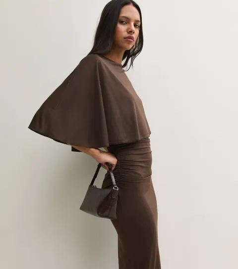 New Look Women's Dark Brown Jersey Cape Detail Ruched Midi Dress