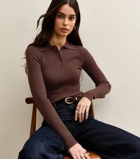 Women's Dark Brown Lightweight Polo Button Jumper