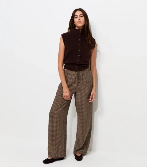 Women's Brown Check Drawstring Wide Leg Trousers