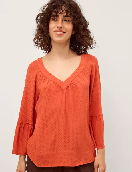 Monsoon Textured V-Neck Flute Sleeve Popover Blouse Orange