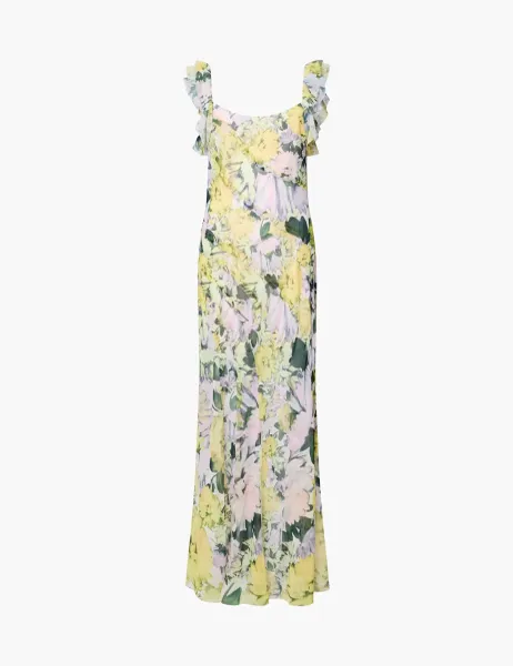 French Connection Chiffon Floral Square Neck Midaxi Column Dress Yellow Mix
