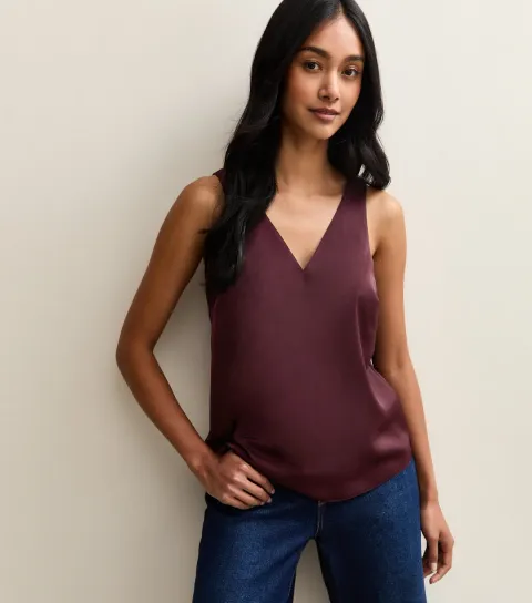 New Look Women's Dark Burgundy Satin V-Neck Top