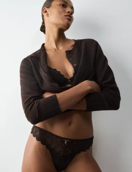 Autograph Embroidered Mesh Back Brazilian Knickers Dark Chocolate
