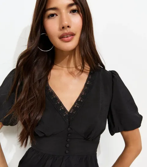 Women's Black Lace Trim Button up Tea Blouse