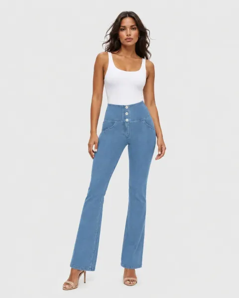 Freddy WRUP Denim - High Waisted - Bell Bottom Flare - Light Blue + Blue Stitching