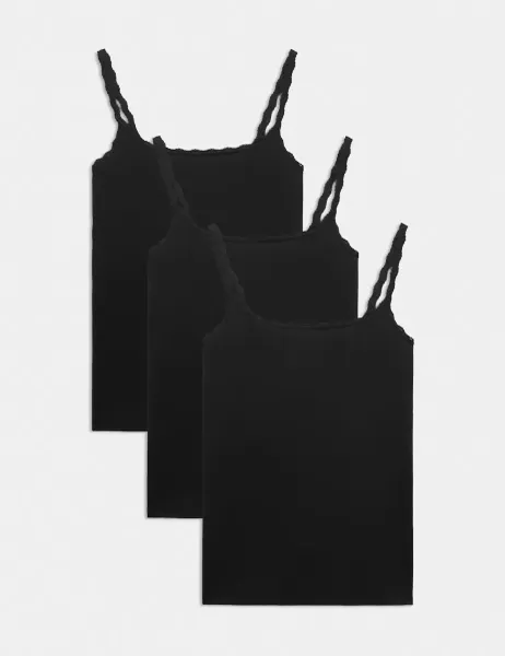 Marks & Spencer 3pk Cotton Rich Lace Trim Vests Black