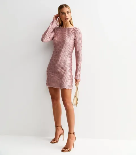 Women's Pink Plisse Tie Back Long Sleeve Mini Dress
