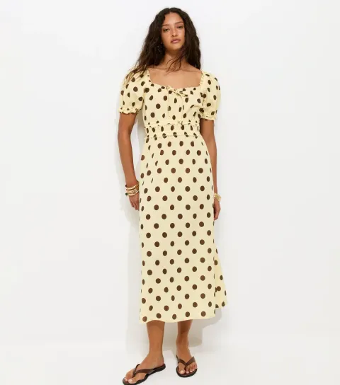 Women's Yellow Polka Dot Shirred Milkmaid Midi Dress