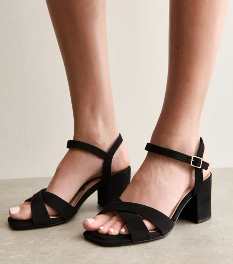 Women's Extra Wide Fit Black Faux Suede Block Heel Sandals Vegan