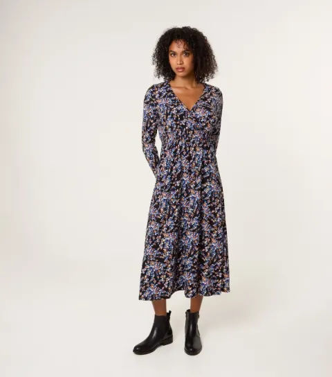 Women's Black Floral Print V-Neck Midi Dress