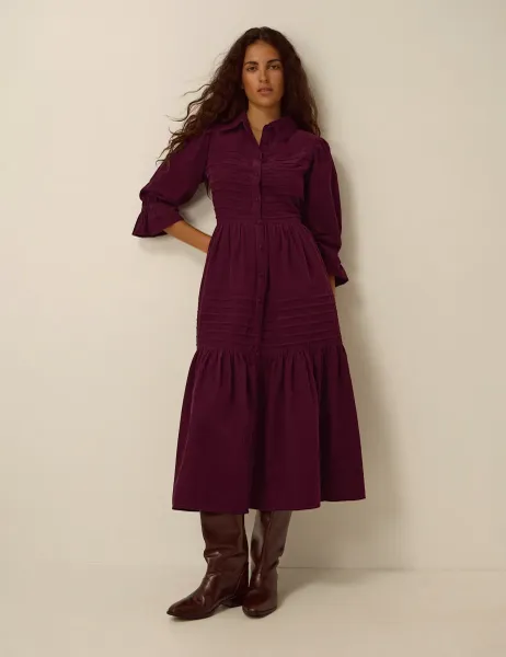 Cotton Collared 3/4 Sleeve Shirt Dress Burgundy