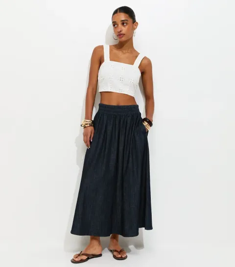 Women's Navy Shirred Waistband Denim Midi Skirt