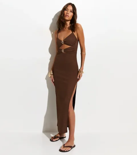 Women's Dark Brown Cutout Ring Beach Maxi Dress
