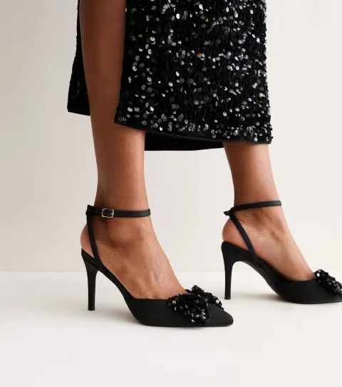 New Look Women's Black Satin Sequin Bow Stiletto Sandals Vegan