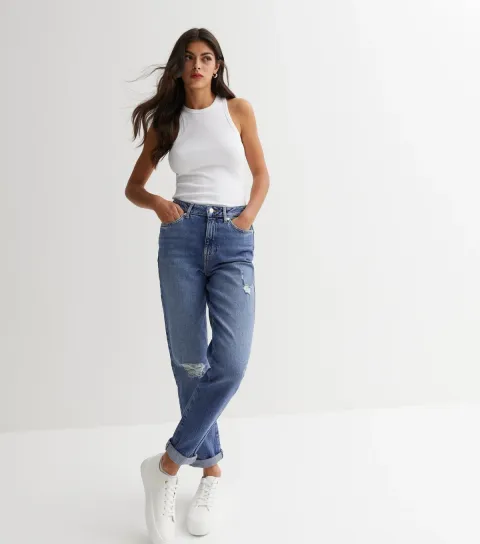 New Look Women's Blue High Waist Ripped Knee Tori Mom Jeans