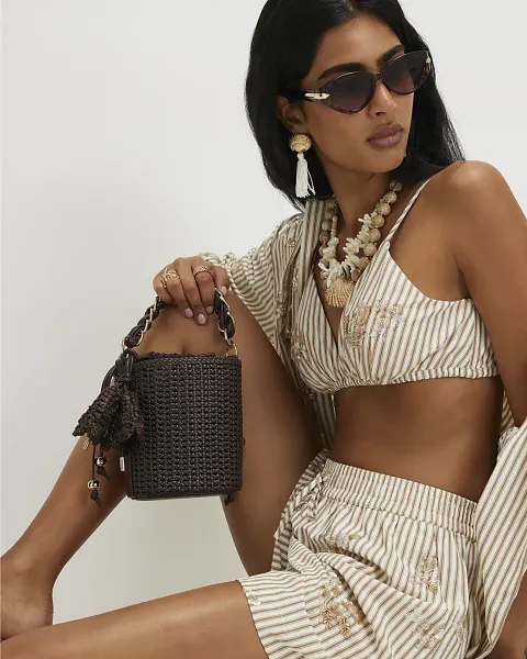 River Island Chain Handle Woven Bucket Bag