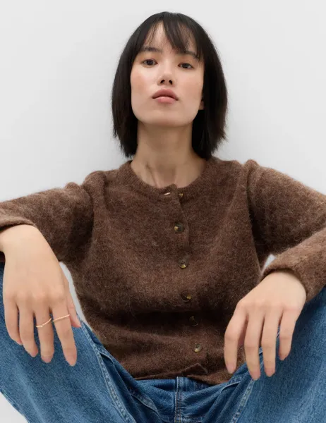 Marks & Spencer Alpaca Blend Crew Neck Cardigan Conker