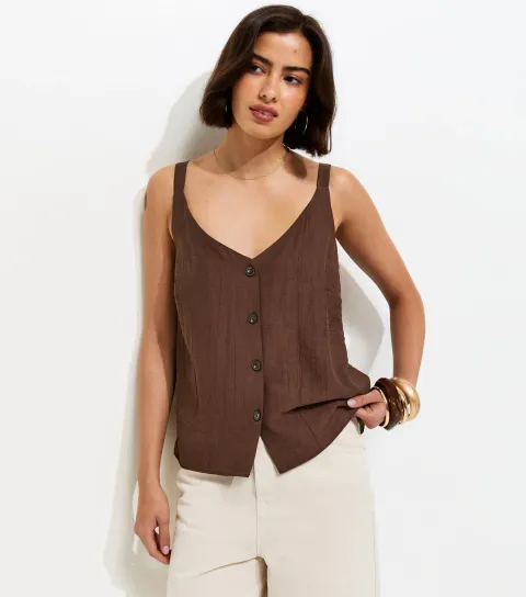 Women's Dark Brown Button Front V-Neck Cami Top