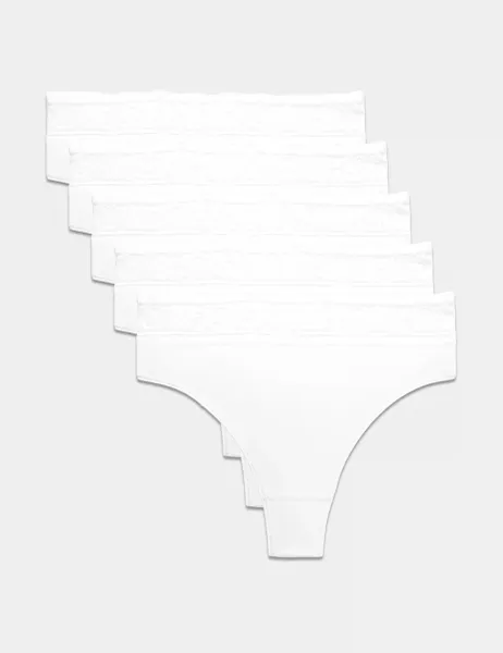 Marks & Spencer 5pk Cotton Blend High Waisted Thongs White