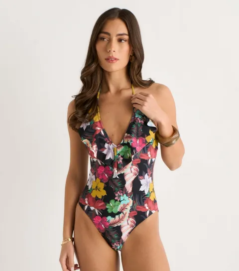 Women's Multicolour Tropical Print Ruffle Front Swimsuit