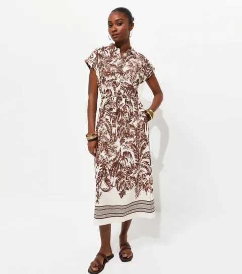 Women's Brown Palm Print Short Sleeve Midi Shirt Dress