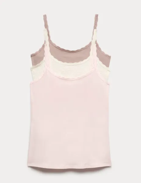 Marks & Spencer 3pk Cotton Rich Lace Trim Vests Oatmeal Mix