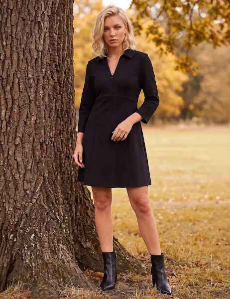 Roman Petite Zip Front Skater Dress Black Mix