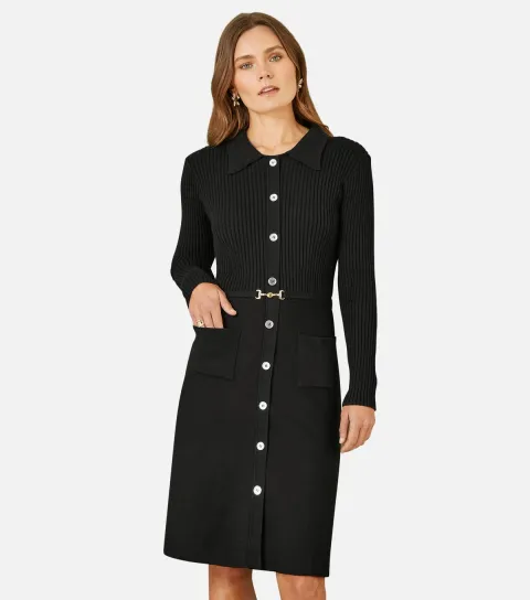 Women's Black Collar Button Through Dress