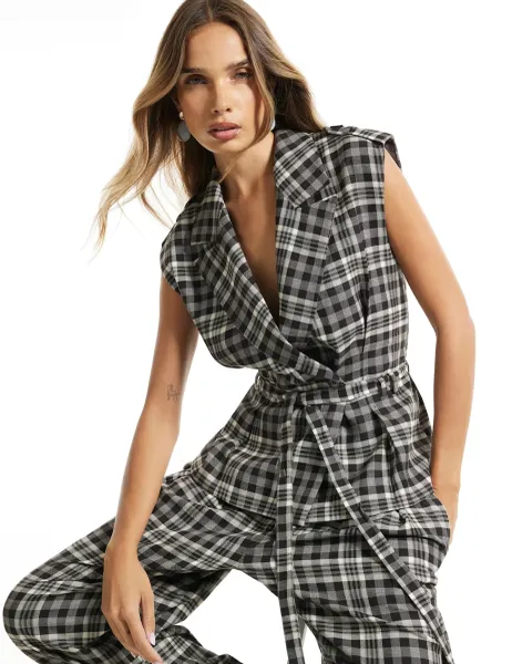 River Island Checked Collared Tie Detail Shirt Brown Mix