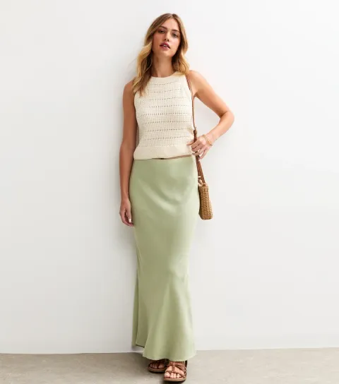 New Look Women's Light Green Linen Blend Bias Cut Midi Skirt