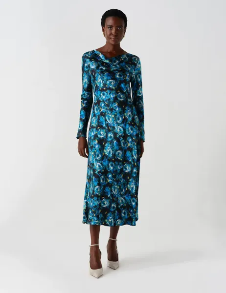 Ghost Satin Floral Cowl Neck Midi Waisted Dress Blue Mix