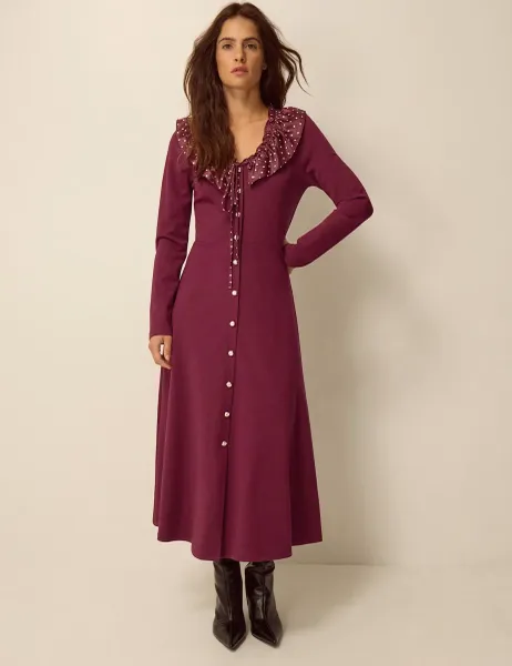 Monsoon Jersey V-Neck Midi Skater Dress Berry