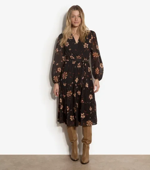 Apricot Women's Black Floral Print Wrap Tiered Midi Dress