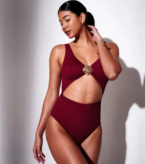 Women's Burgundy Crinkle Shell Cut Out Tummy Control Swimsuit