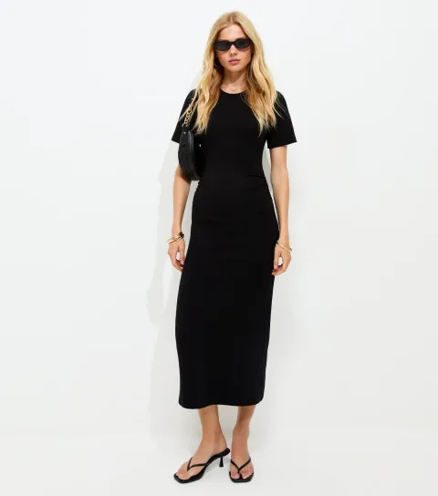 New Look Women's Black Ruched Side Short Sleeve Midi Dress