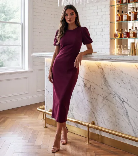 AX Paris Women's Dark Red Puff Sleeve Midi Dress