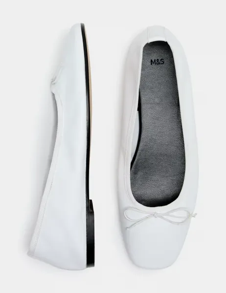 Marks & Spencer Leather Bow Flat Round Toe Ballet Pumps White