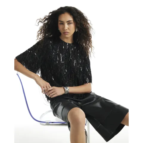 River Island Black Sequin T-Shirt