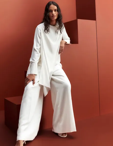 Marks & Spencer Single Pleat Wide Leg Trousers Ivory