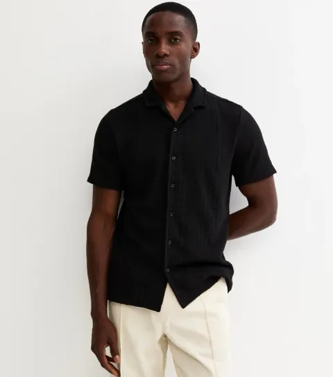 Men's Black Relaxed Fit Textured Revere Collar Shirt