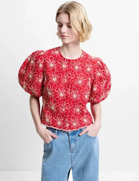 French Connection Cotton Blend Floral Crew Neck Top Red Mix