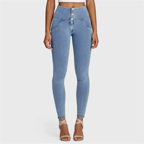 Freddy WRUP Denim - 3 Button High Waisted - Full Length - Light Blue + Yellow Stitching