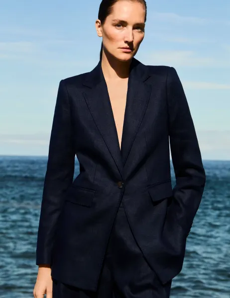 Jaeger Pure Linen Longline Single Breasted Blazer Navy
