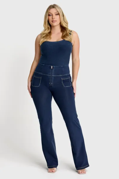Freddy WRUP Denim with Front Pockets - Super High Waisted - Flare - Dark Blue + Beige Stitching