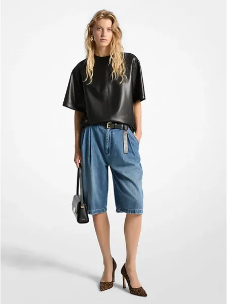 Pleated Bermuda Denim Shorts