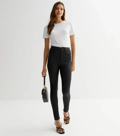 Women's Black Coated Leather-Look Lift & Shape Jenna Skinny Jeans
