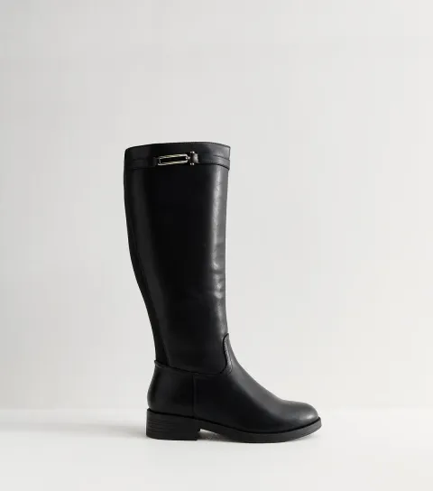 Women's Wide Fit Black Faux Leather Knee High Boots Vegan